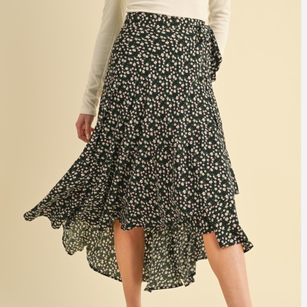 Floral True Wrap Skirt Black Pink Ditsy Floral Print Ruffle Hem Boho Midi